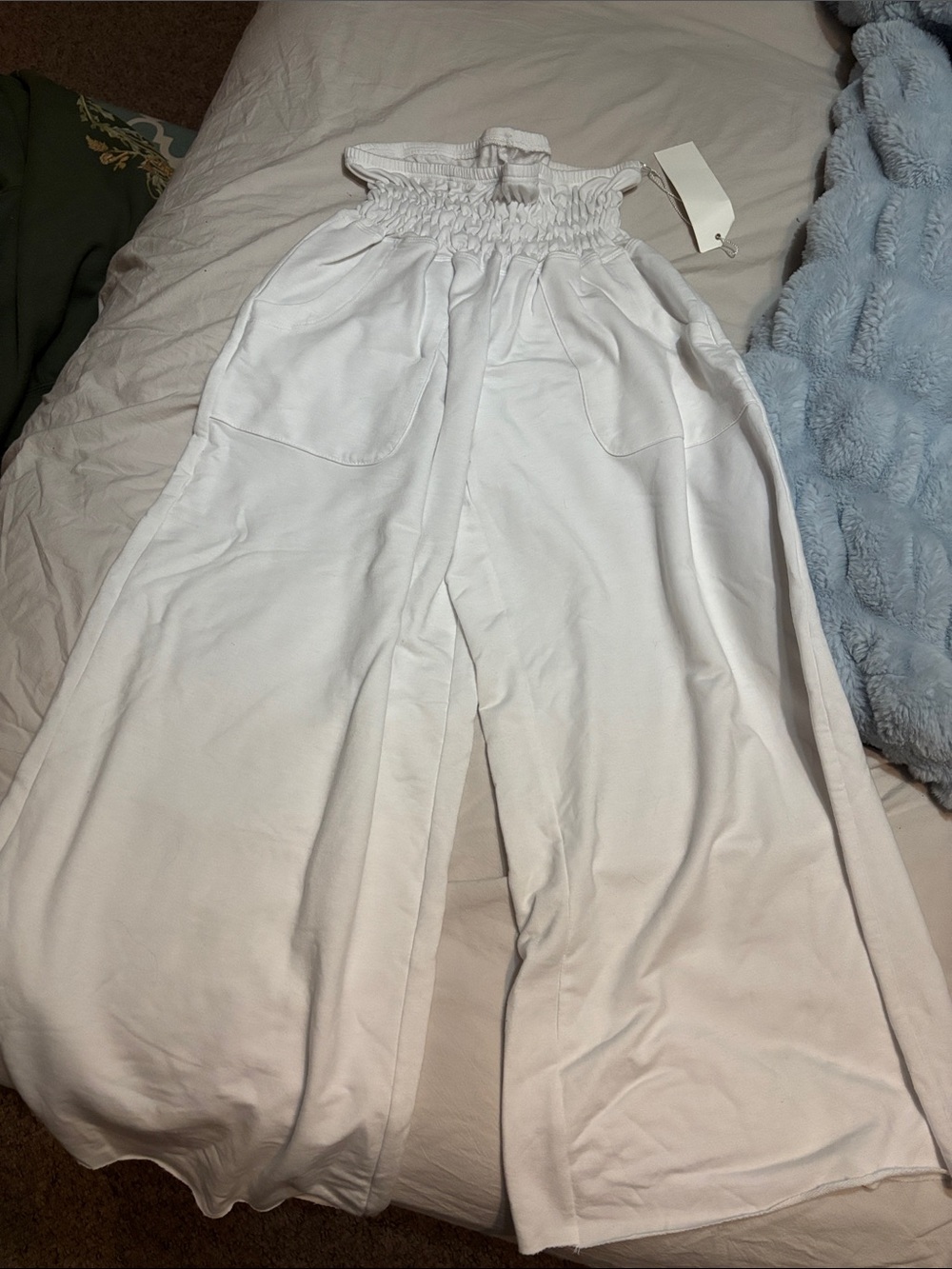 Kira grace Smocked-Waist White Wide-Leg fleece Pants with Front Pockets